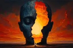 An image of an enormous face sculpture against a sunset sky with a small figure walking between the split in its middle