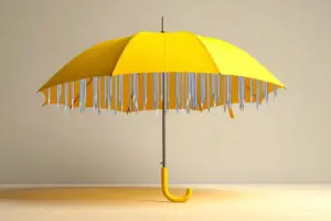 An open yellow umbrella shows an underside of sharp nails