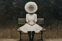A figure in a dress sits on a bench, the head replaced by a dandelion with fluff drifting away
