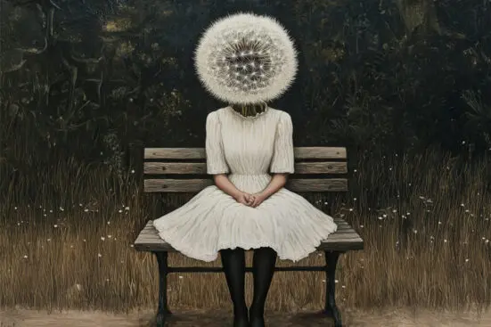 A figure in a dress sits on a bench, the head replaced by a dandelion with fluff drifting away