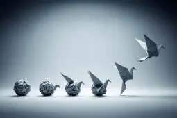 A series of illustrations show a crumpled ball of paper transform into a paper crane step by step