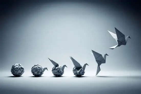 A series of illustrations show a crumpled ball of paper transform into a paper crane step by step