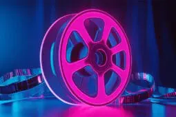 A neon film reel sits and glows