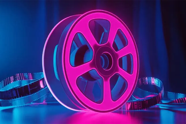 A neon film reel sits and glows