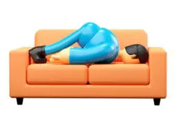 A cartoon style image of a man slumped face down on a couch, exhausted
