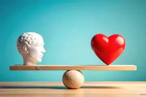 A teeter totter balances perfectly, a profile of a head on one end and a heart on the other