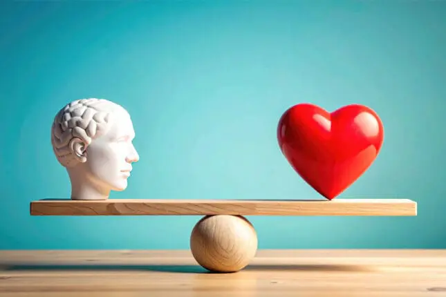 A teeter totter balances perfectly, a profile of a head on one end and a heart on the other