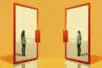 Two figures standing in boxes facing each other, creating a mirrored image