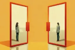 Two figures standing in boxes facing each other, creating a mirrored image