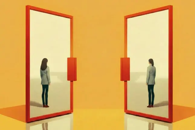 Two figures standing in boxes facing each other, creating a mirrored image