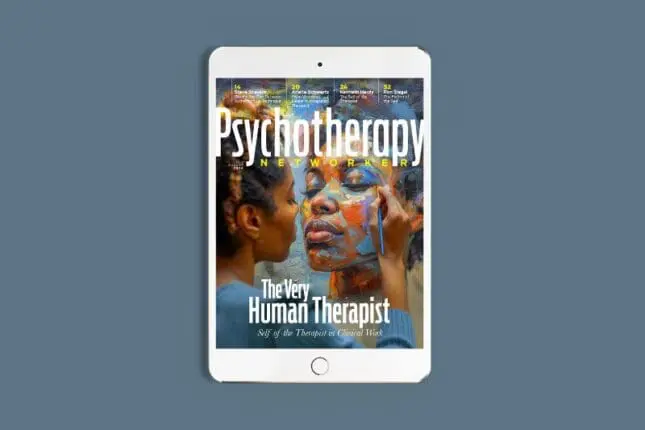The cover image of the the July August issue sits within an iPad's frame