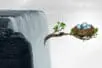A branch shoots out of a waterfall holding a nest full of eggs