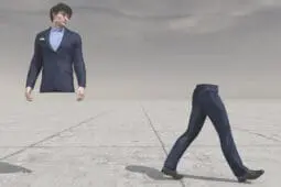 The top half of a man looks over at the bottom half of his body as it walks away