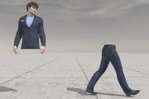 The top half of a man looks over at the bottom half of his body as it walks away