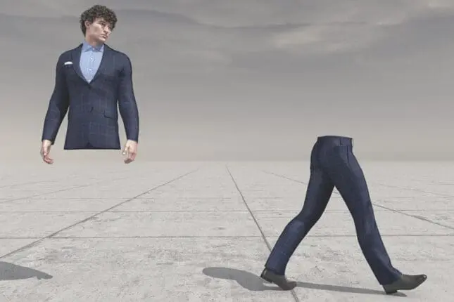 The top half of a man looks over at the bottom half of his body as it walks away