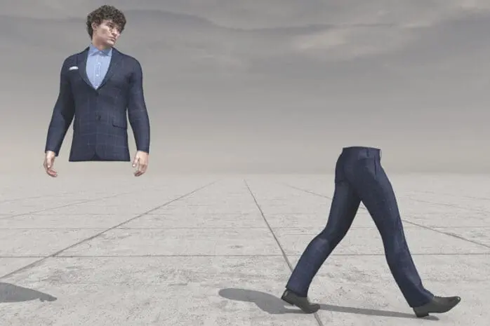 The top half of a man looks over at the bottom half of his body as it walks away