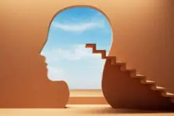 Illustration of a staircase climbing to the empty outline of a head