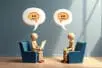 Two wooden figures sit in chairs facing each other, each with a thought bubble showing the same, upset emotion