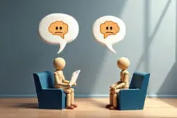 Two wooden figures sit in chairs facing each other, each with a thought bubble showing the same, upset emotion
