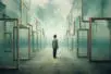 A figure stares upward at many mirrors floating above as they reflect fog