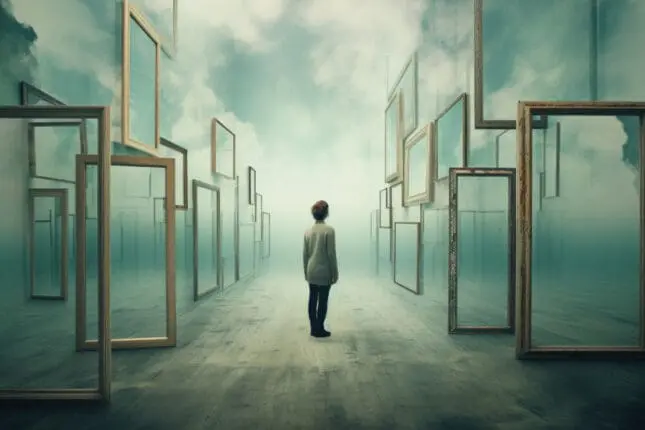 A figure stares upward at many mirrors floating above as they reflect fog