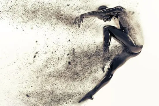 Illustration of a figure floating through the air bent forward