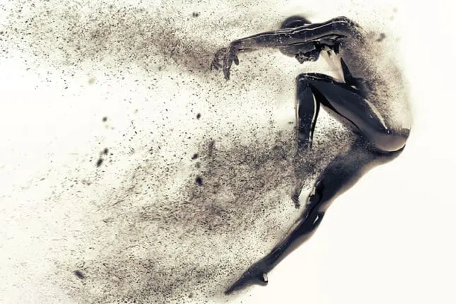 Illustration of a figure floating through the air bent forward