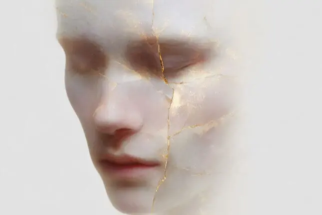 A face with closed eyes made out of white marble