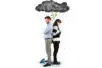 A couple stands back to back, upset and under a storm cloud