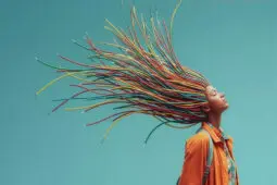 A woman turns her face upward, her hair flowing upward behind her in the form of wires