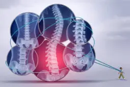 Large, overlapping circles containing images of spines float in midair tied to the back of a walking figure