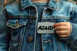 A child holds an a label reading ADHD in front of their chest