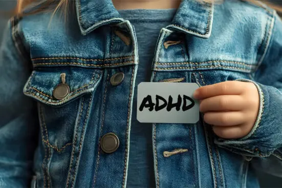 A child holds an a label reading ADHD in front of their chest
