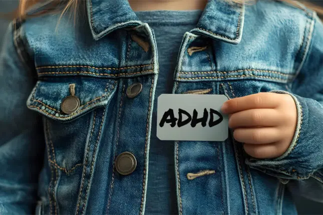 A child holds an a label reading ADHD in front of their chest