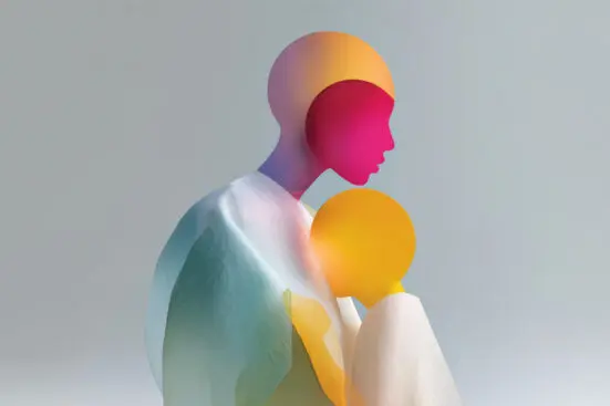 Illustration of a small, bright figure leaning into a larger one