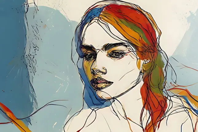 A sketched outline of a woman's face and hair