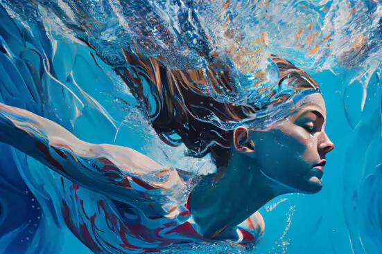 Illustration of a young woman's face as she submerges gently under the surface of water