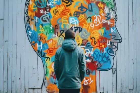A young boy stands in front of a graffitied image of a face on a wall