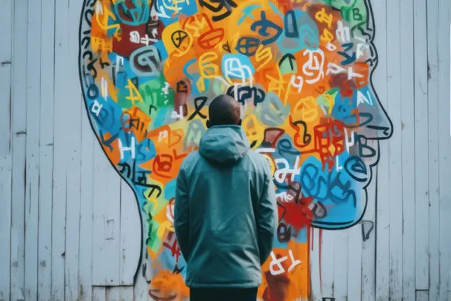 A young boy stands in front of a graffitied image of a face on a wall