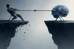 A woman stands on the edge of a cliff pulling a rope attached to a brain trying to escape