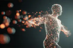 Outline of a body with lines charted across it and glowing connection points