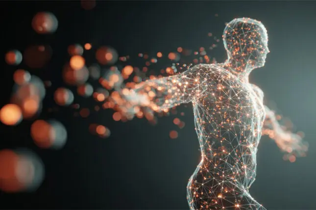 Outline of a body with lines charted across it and glowing connection points