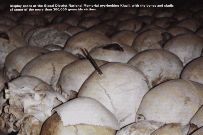 Display cases at the Gisozi District National Memorial overlooking Kigali, with the bones and skulls of some of the more than 300,000 genocide victims