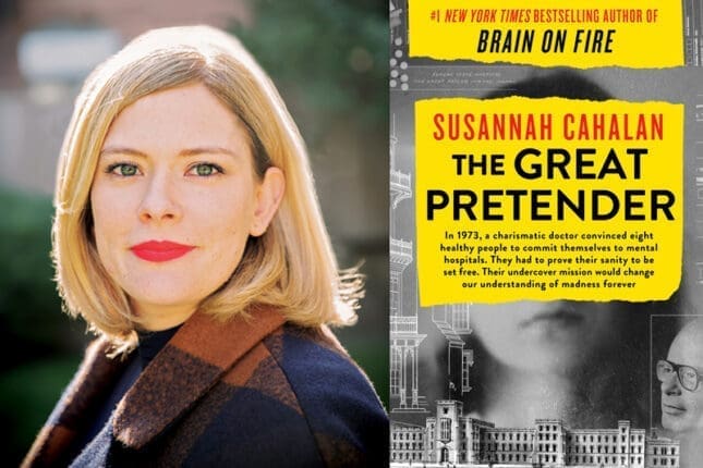 A headshot of a woman and the cover of "The Great Pretender"