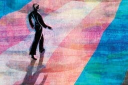 Illustration of a figure walking on a pink, white, and blue road