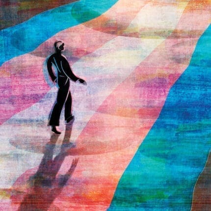 Illustration of a figure walking on a pink, white, and blue road