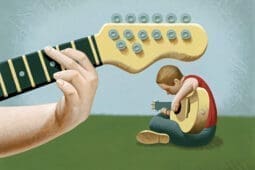 An illustration of a hand on a guitar and a child playing guitar