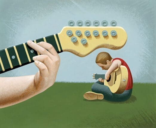 An illustration of a hand on a guitar and a child playing guitar