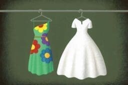 An illustration of two dresses hanging in a closet