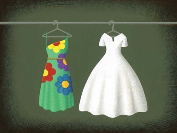 An illustration of two dresses hanging in a closet